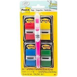 Post-it Flags Value Pack showing translucent 1-inch wide flags in assorted vibrant colors with included highlighter marker.