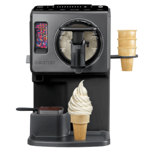 Gourmi ice cream maker displaying soft serve, slush, and sorbet options with built-in cooling technology.