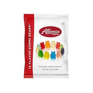 5-pound bag of Albanese World's Best gummi bears in assorted fruit flavors with colorful packaging.