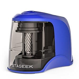 STAGEEK electric pencil sharpener in black or blue with USB and battery power options, compact tabletop design for pencils.