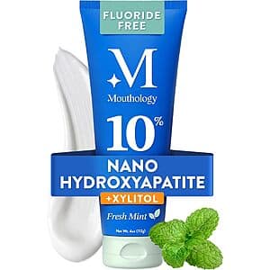 4-ounce tube of Mouthology Fresh Mint toothpaste with 10% nano-hydroxyapatite, fluoride-free formula.