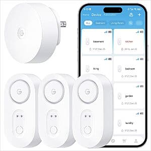 Three white GoveeLife Smart Water Leak Detector 1s units with a WiFi gateway alarm, IP67 waterproof rating.