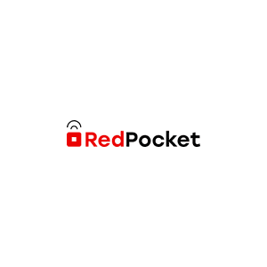Red Pocket wireless plan branding with service coverage indicators, showcasing unlimited talk and text with 5G connectivity.