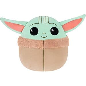 8-inch Jazwares Squishmallows plush of Grogu from Star Wars, featuring a soft gray body with large ears and black eyes.