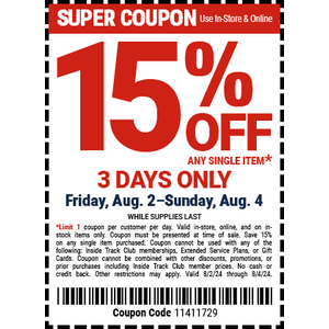 Harbor Freight 15% OFF ANY SINGLE ITEM Friday, 8/2/24 through Sunday, 8/4/24. Valid in-store and online.