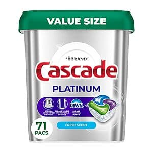 Box of Cascade Platinum Fresh dishwasher pods, 71-count package with blue and white branding.