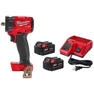 Milwaukee M18 FUEL 18V brushless compact impact wrench with friction ring, two red lithium-ion batteries, and charger in protective case.
