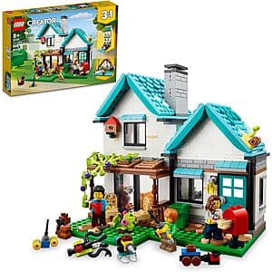 LEGO Creator Cozy House set box and assembled house structure with 808 colorful building pieces.