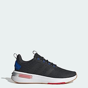 adidas Men's Racer TR23 shoes in carbon gray, core black, and royal blue colorway with textile upper and Cloudfoam midsole.
