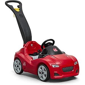 Step2 Whisper Ride-On Cruiser in bright red with handles and wheels, designed for toddlers to ride or be pushed.