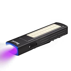 Compact flat-design pocket flashlight with 1200-lumen white, UV, COB, and red/blue light modes, shown in silver or black metallic finish.
