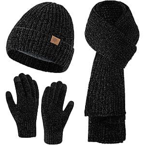 Clothirily Women's 3-in-1 Winter Beanie Hat, Scarf & Gloves Set (Black) $10