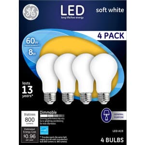 4-Pack GE 8W Dimmable A19 LED Light Bulb (Soft White) $5 + Free Shipping