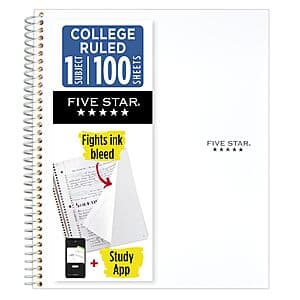Five Star 1-Subject College Ruled Spiral Notebook (White, 100 Sheets) $2