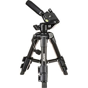 Compact black Sunpak MiniPro tabletop tripod with integrated pan-tilt head and extendable legs.