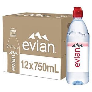 12-pack of Evian Natural Spring Water bottles, 25.36 oz each, in clear plastic packaging.