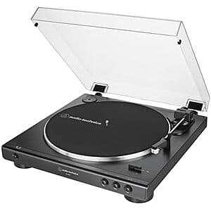 Audio-Technica AT-LP60X turntable with black finish, showing the belt-drive platter and tonearm in a three-quarter view.