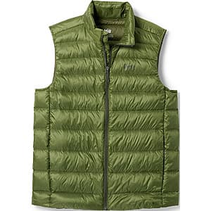 REI Co-op Men's 650 Down Vest in forest shade color with quilted down insulation.