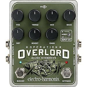 Operation Overlord stereo overdrive and distortion pedal with knobs for treble, mid, bass, and boost controls, featuring dual independent channels.