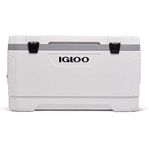 White 100-quart Igloo Latitude Marine hard-sided cooler with a durable plastic construction and latched lid.