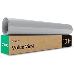 Gray Cricut Value Permanent Vinyl roll, 12 inches wide by 10 feet long, in product packaging.