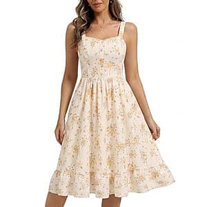 Belle Poque women's floral midi v-neck dress in various colorways, featuring a fitted bodice and pockets, displayed on a model or flat lay.