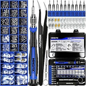 Complete eyeglass repair kit with 10 magnetic screwdriver bits, silicone nose pads, tweezers, screws, washers, and cleaning cloth organized in a compact case.