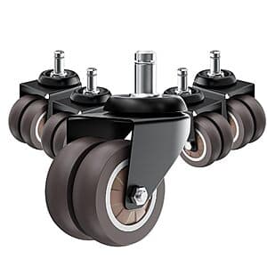 Grey low-profile office chair casters with dual TPR rubber wheels and steel brackets, set of 5.