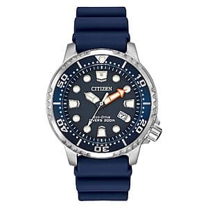 Stainless steel Citizen Promaster Dive watch with dark dial, luminous hands and markers, rotating bezel, and 3-hand date display.