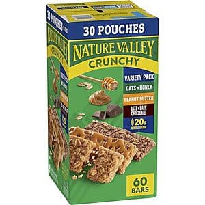 Box of Nature Valley Crunchy Granola Bars containing 60 individual 0.75-ounce bars in a variety pack assortment.