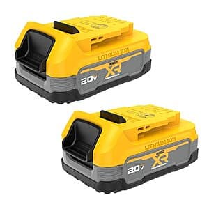 Two DeWalt 20V Powerstack 1.7Ah rechargeable batteries with compact design and black casing.