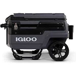 Carbonite gray 70-quart Igloo Trailmate Journey wheeled cooler with handle and wheels for transport.