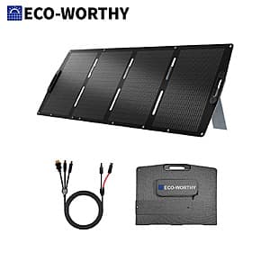 ECO-WORTHY 200W portable solar panel with dark monocrystalline cell surface and adjustable metal kickstand, weather-resistant design.