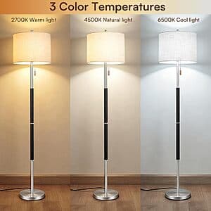 Karjoefar 62-inch mid-century floor lamp with black metal tripod base and beige linen shade, featuring adjustable color temperature settings.