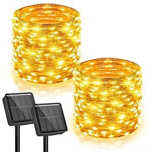 Two 33-foot strands of warm white solar fairy lights with 100 total LEDs, displayed coiled with solar panel attachment visible.
