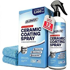 GLOMAX 16-ounce ceramic coating spray bottle with two included microfiber towels for application.