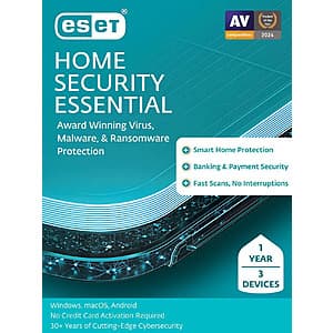 ESET Home Security Essential 2026 software package for Windows and Mac computers.