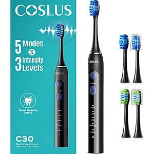 COSLUS Sonic Electric Toothbrush w/ 4 Replacement Heads (Black) $6