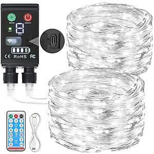 66ft string of cool white rechargeable fairy lights with 2-in-1 design coiled on white background.