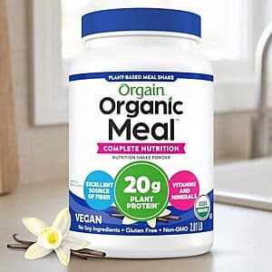 Orgain Organic Meal vegan meal replacement protein powder container in Vanilla Bean flavor, 2.01-pound size.