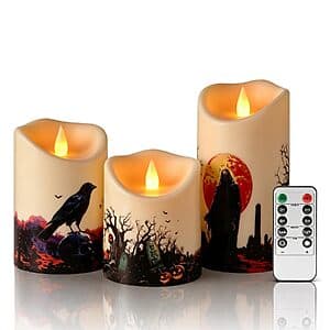3-Pk Artmarry Halloween Flameless LED Pillar Candles w/ 10-Key Remote $5