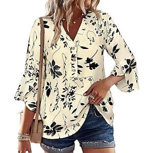 LOOKBOHO Women's Floral V-Neck 3/4 Sleeve Blouse Shirt (2 Colors) $6