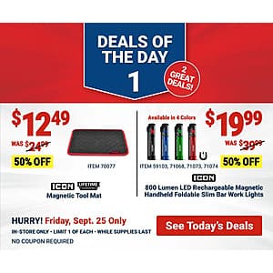 Harbor Freight In-Stores Only: Icon Magnetic Tool Mat or Icon Slim Work Light 50% Off (Valid 9/25 Only)