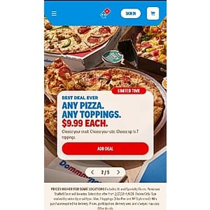 Domino's Pizza: Any Pizza (up to 7 toppings) $10 (Valid 2/23 - 4/6 for Online Purchase Only)