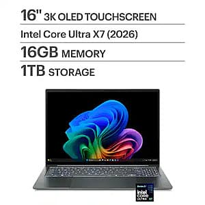 Acer Swift 16 laptop with 16-inch 3K OLED display, Basalt Gray finish, opened to show keyboard and screen.