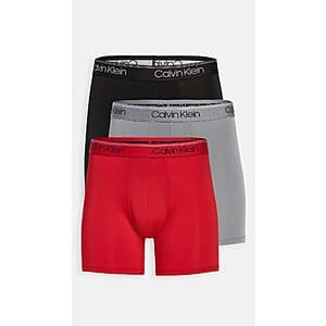Calvin Klein men's microfiber boxer briefs with contoured pouch design, flexible logo waistband, and full rise cut in neutral color.