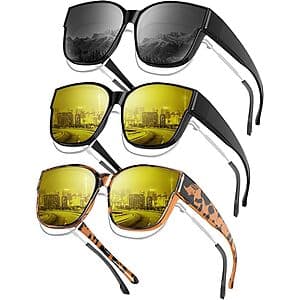 3-Pk KALIYADI Fit Over Glasses Polarized UV400 Protection Sunglasses (various) $10