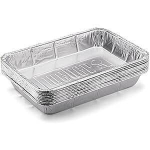 10-pack of silver aluminum disposable drip pans designed for Weber grills, large size.