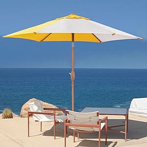 Yellow and white 7.5ft round patio umbrella with vented canopy and rust-resistant steel frame, ideal for outdoor shade coverage.