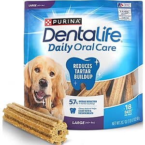 Package of Purina DentaLife Daily Oral Care Dog Sticks with 18 large chews, displayed on a white background.